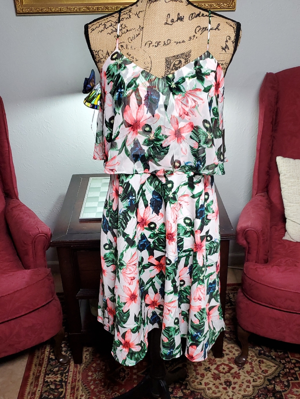 Vince Camuto White Floral Midi Dress with Pink & Green Print Size 6